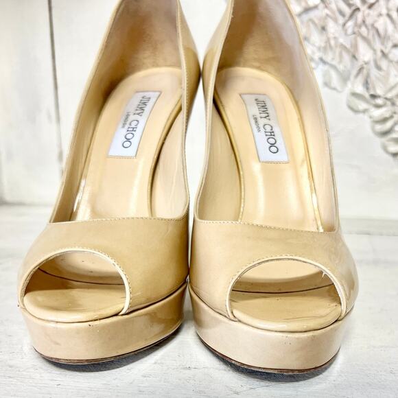 Jimmy Choo Crown Patent Leather Peep Toe Platform Pump Nude Womens Size 38.5 / 8 - Picture 7 of 11